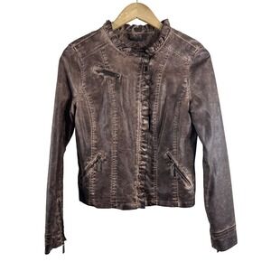 JouJou‎ Girls Brown Faux Leather Ruffle Moto Jacket Distressed XL 18/20